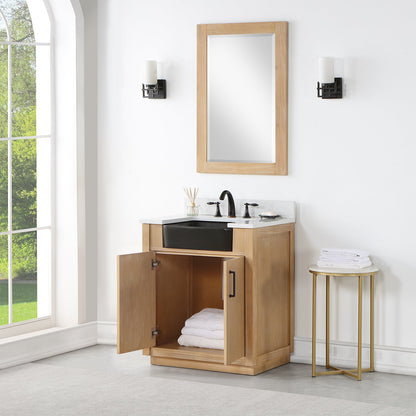 Novago 30" Single Bathroom Vanity in Weathered Pine with Aosta White Engineered Stone Countertop and Farmhouse Sink with Mirror