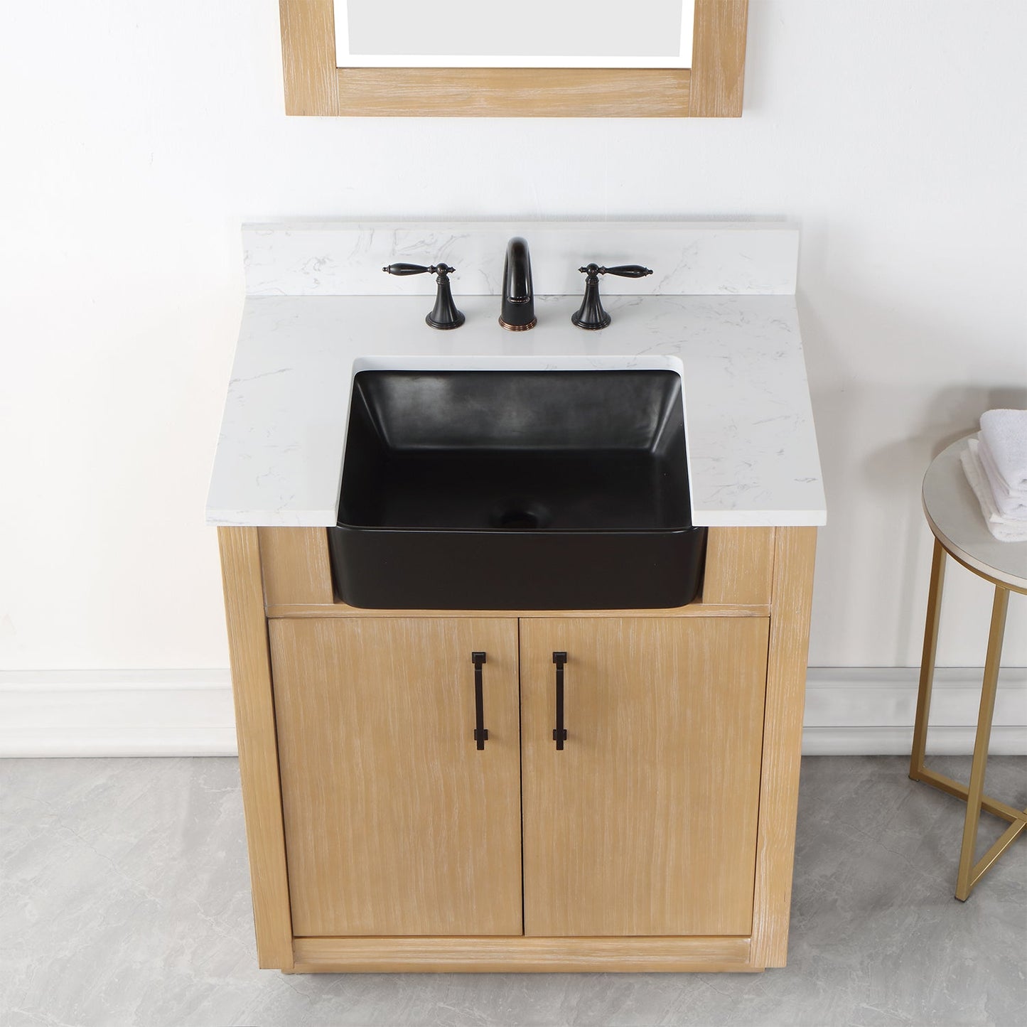 Novago 30" Single Bathroom Vanity in Weathered Pine with Aosta White Engineered Stone Countertop and Farmhouse Sink with Mirror