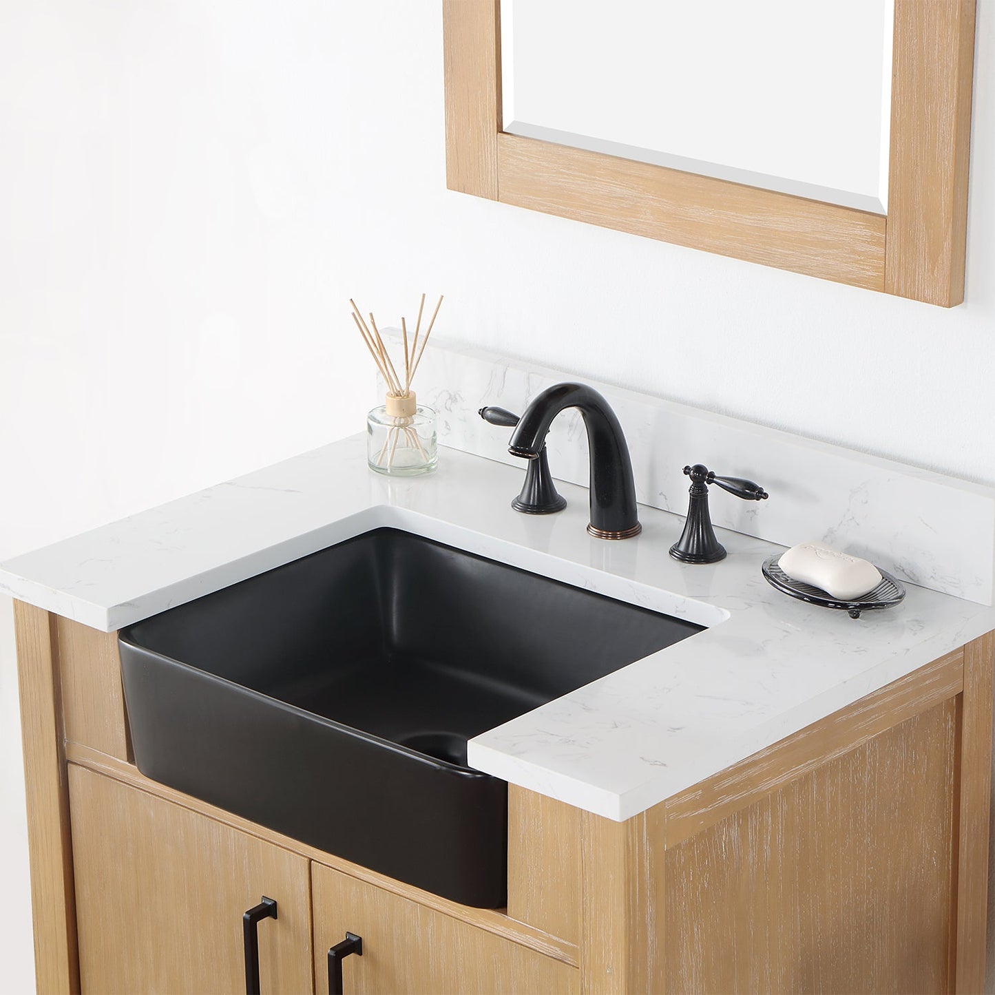 Novago 30" Single Bathroom Vanity in Weathered Pine with Aosta White Engineered Stone Countertop and Farmhouse Sink with Mirror
