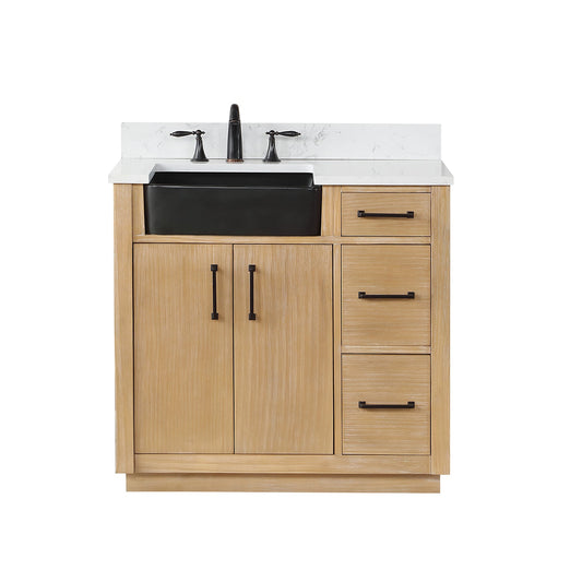 Novago 36" Single Bathroom Vanity in Weathered Pine with Aosta White Engineered Stone Countertop and Farmhouse Sink without Mirror