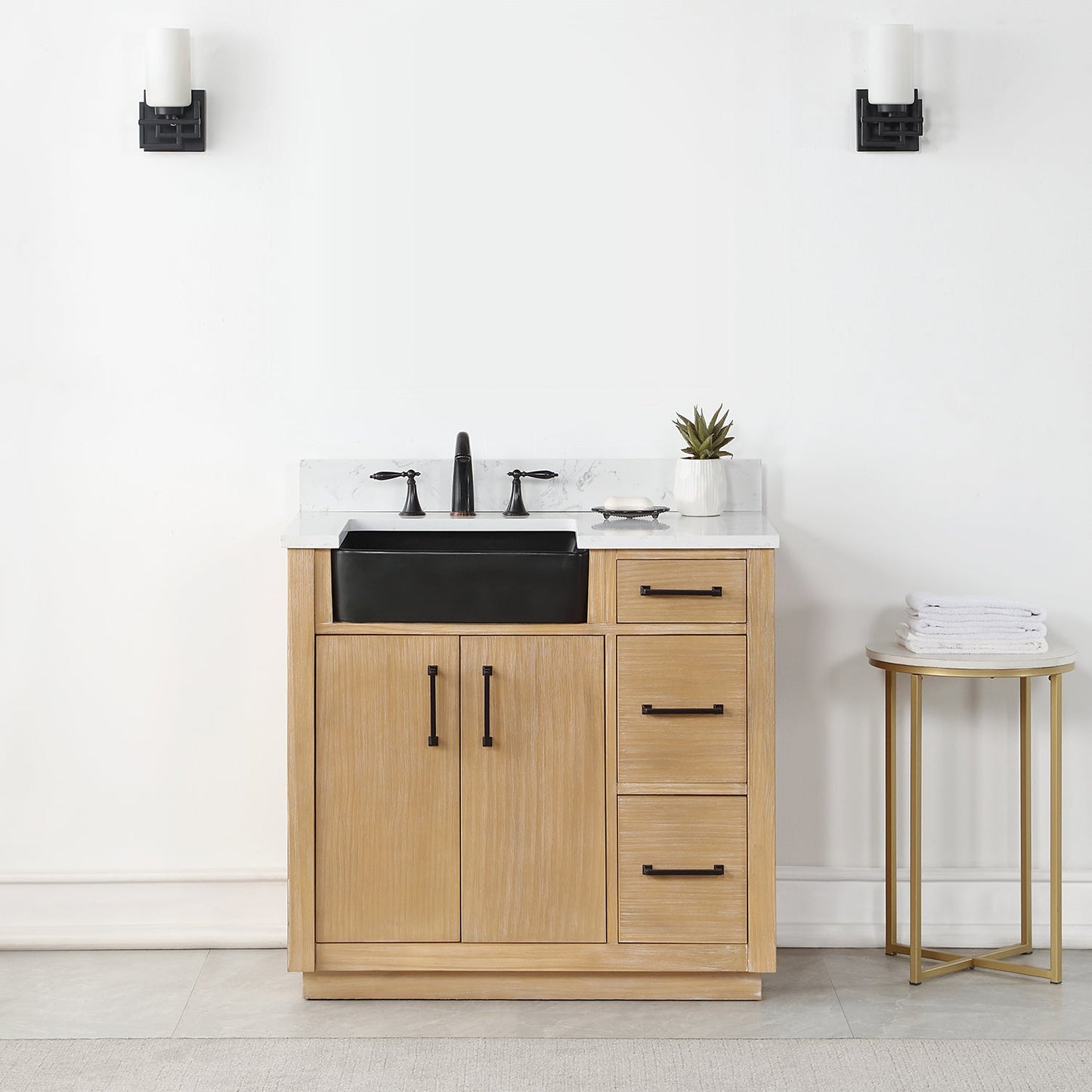 Novago 36" Single Bathroom Vanity in Weathered Pine with Aosta White Engineered Stone Countertop and Farmhouse Sink without Mirror