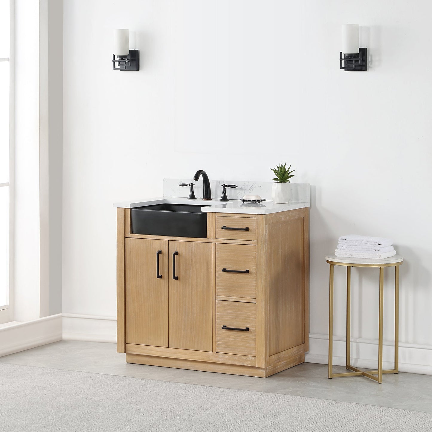 Novago 36" Single Bathroom Vanity in Weathered Pine with Aosta White Engineered Stone Countertop and Farmhouse Sink without Mirror