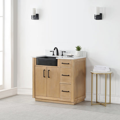 Novago 36" Single Bathroom Vanity in Weathered Pine with Aosta White Engineered Stone Countertop and Farmhouse Sink without Mirror