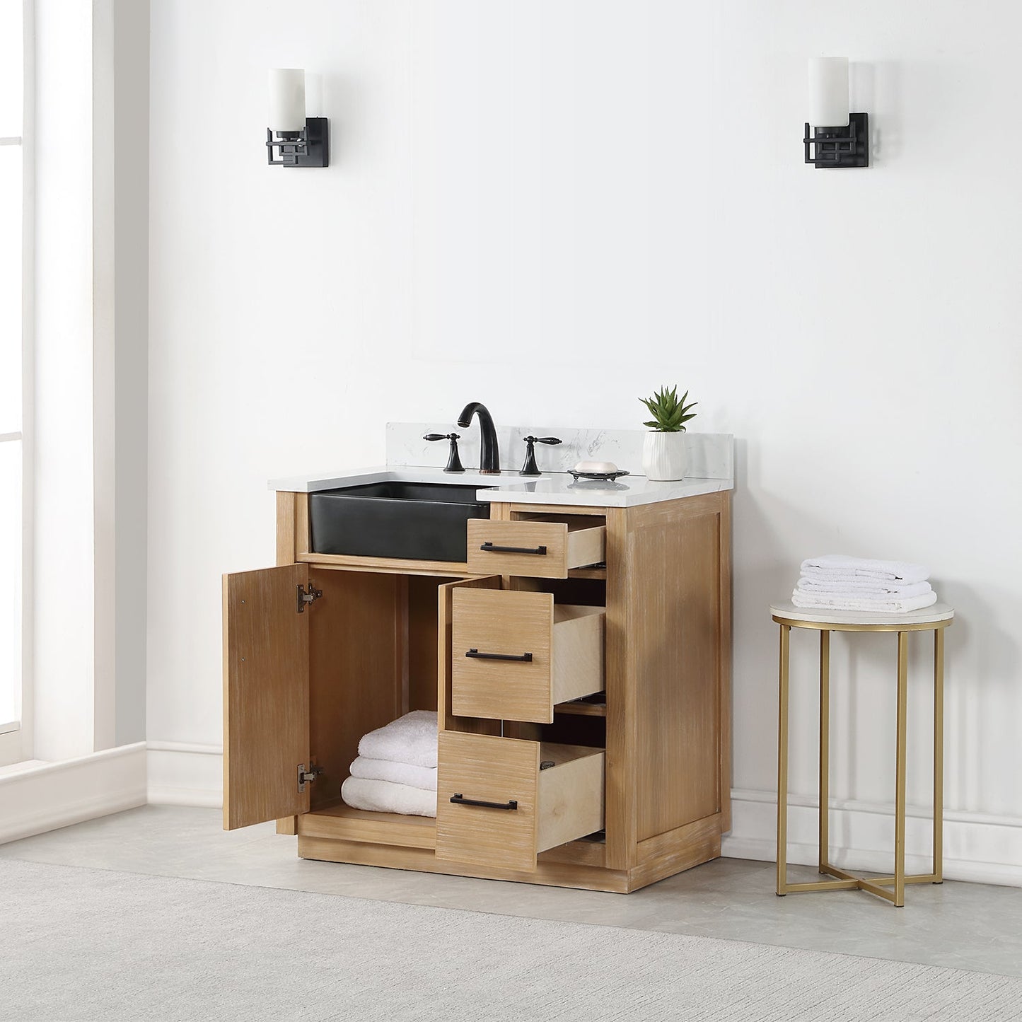 Novago 36" Single Bathroom Vanity in Weathered Pine with Aosta White Engineered Stone Countertop and Farmhouse Sink without Mirror