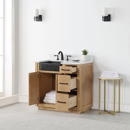 Novago 36" Single Bathroom Vanity in Weathered Pine with Aosta White Engineered Stone Countertop and Farmhouse Sink without Mirror