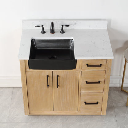 Novago 36" Single Bathroom Vanity in Weathered Pine with Aosta White Engineered Stone Countertop and Farmhouse Sink without Mirror