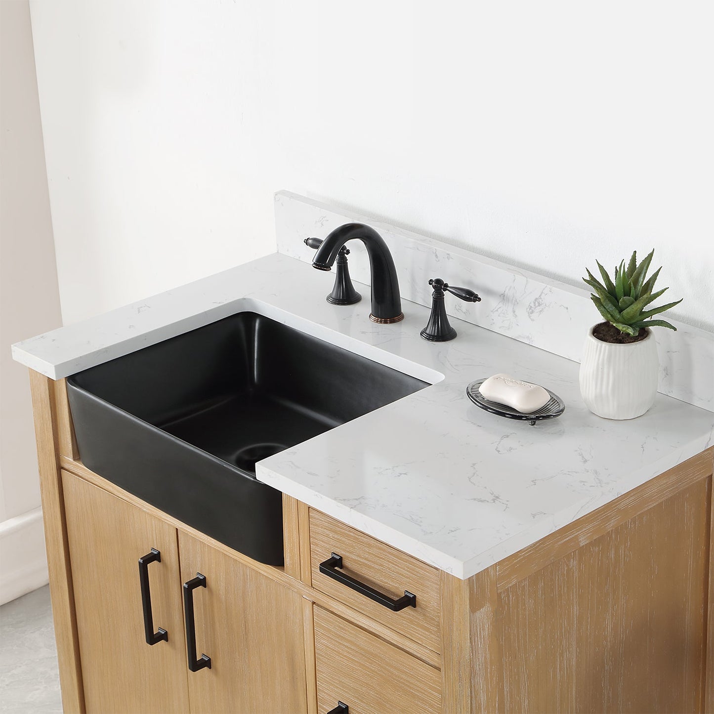 Novago 36" Single Bathroom Vanity in Weathered Pine with Aosta White Engineered Stone Countertop and Farmhouse Sink without Mirror