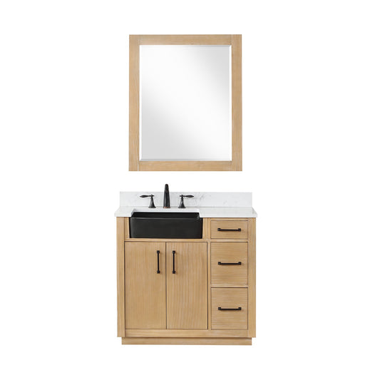 Novago 36" Single Bathroom Vanity in Weathered Pine with Aosta White Engineered Stone Countertop and Farmhouse Sink with Mirror