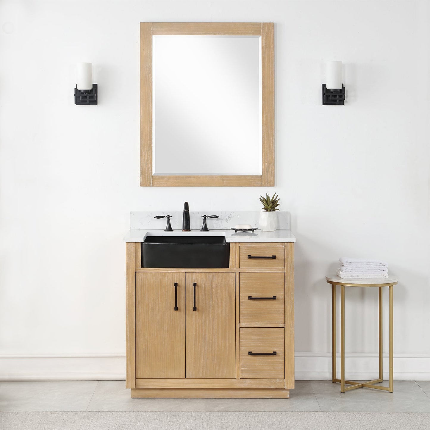 Novago 36" Single Bathroom Vanity in Weathered Pine with Aosta White Engineered Stone Countertop and Farmhouse Sink with Mirror