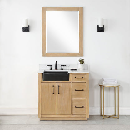 Novago 36" Single Bathroom Vanity in Weathered Pine with Aosta White Engineered Stone Countertop and Farmhouse Sink with Mirror