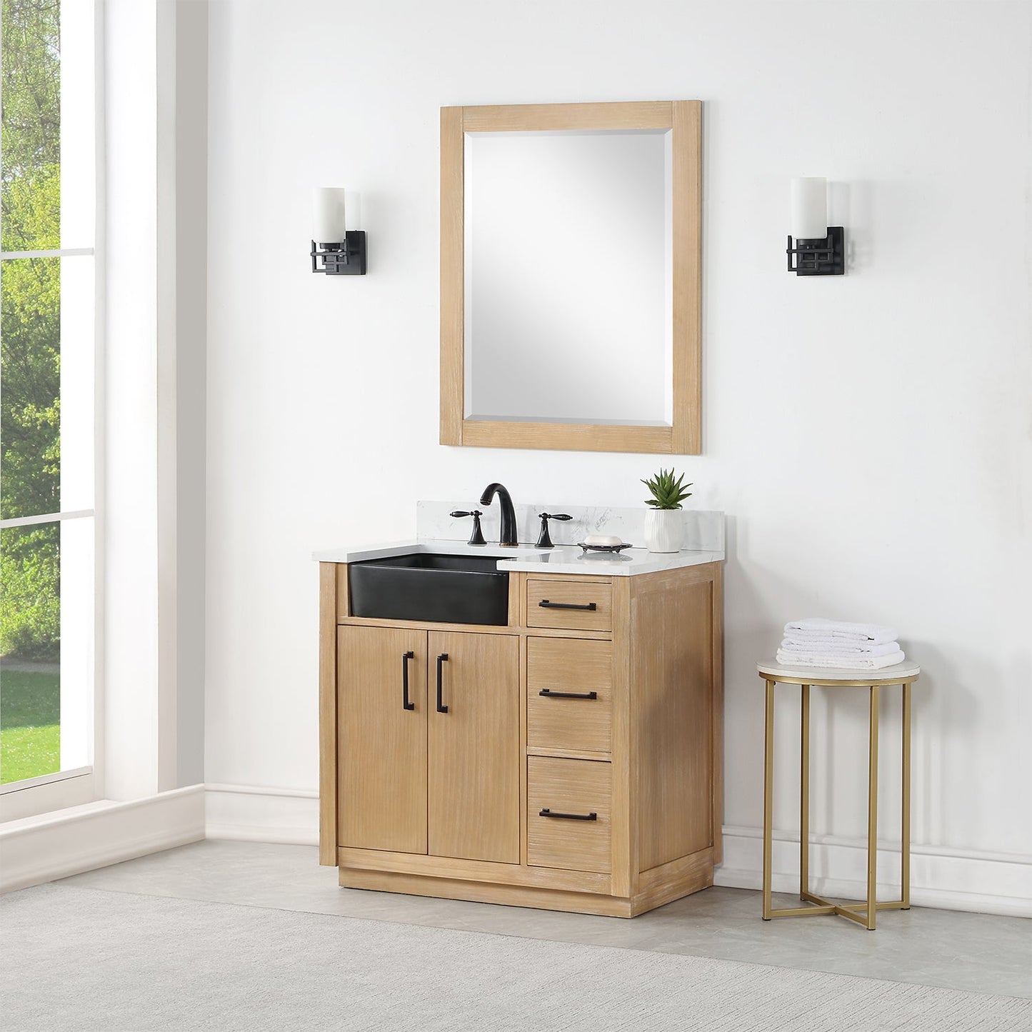 Novago 36" Single Bathroom Vanity in Weathered Pine with Aosta White Engineered Stone Countertop and Farmhouse Sink with Mirror