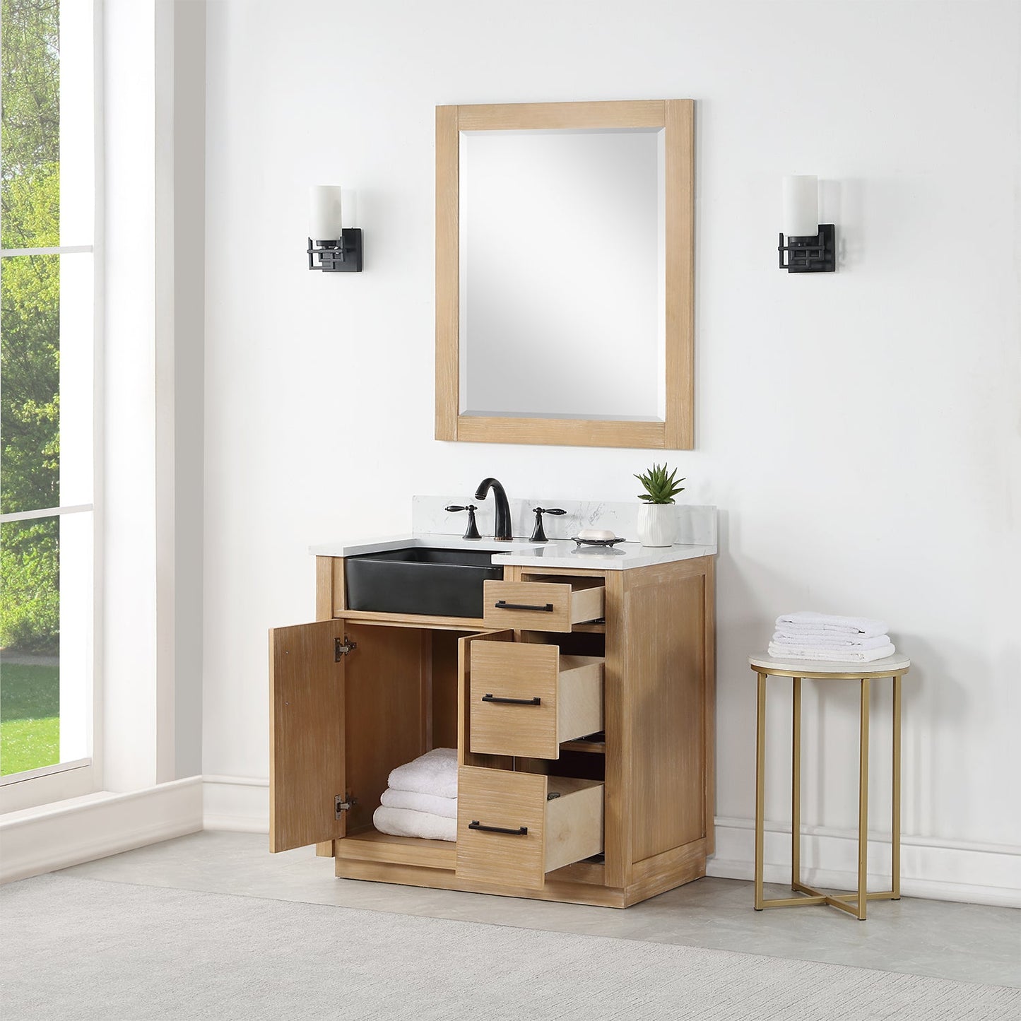 Novago 36" Single Bathroom Vanity in Weathered Pine with Aosta White Engineered Stone Countertop and Farmhouse Sink with Mirror