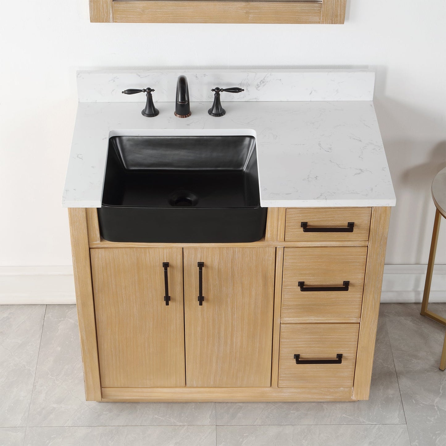 Novago 36" Single Bathroom Vanity in Weathered Pine with Aosta White Engineered Stone Countertop and Farmhouse Sink with Mirror