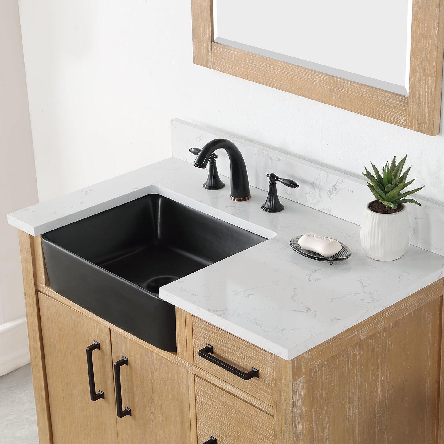 Novago 36" Single Bathroom Vanity in Weathered Pine with Aosta White Engineered Stone Countertop and Farmhouse Sink with Mirror