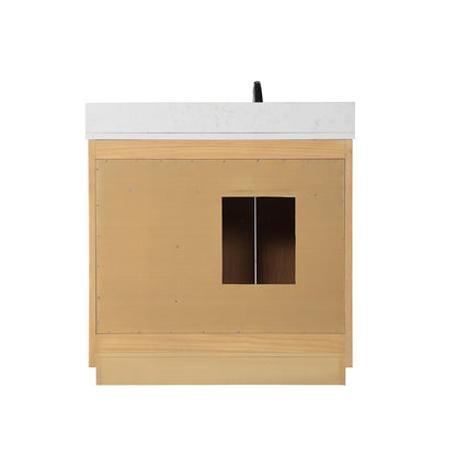 Novago 36" Single Bathroom Vanity in Weathered Pine with Aosta White Engineered Stone Countertop and Farmhouse Sink with Mirror