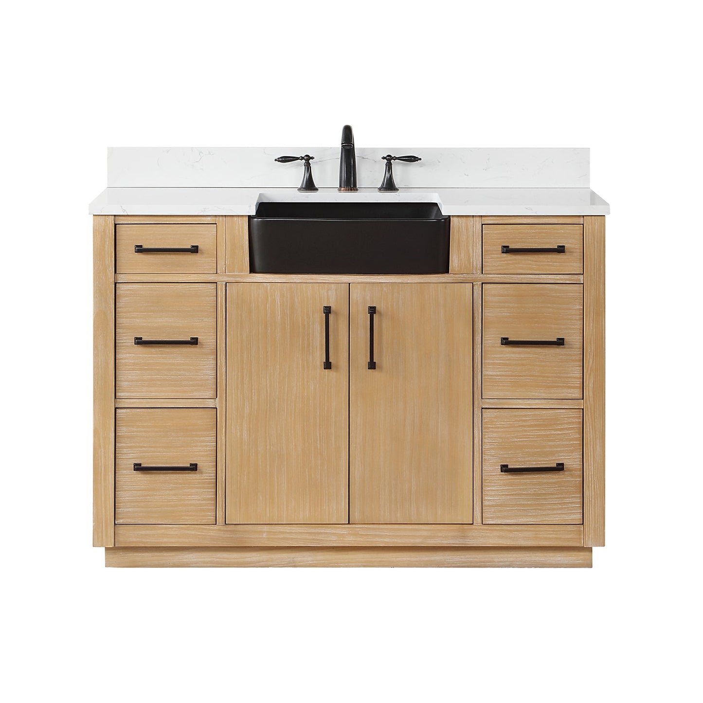 Novago 48" Single Bathroom Vanity in Weathered Pine with Aosta White Engineered Stone Countertop and Farmhouse Sink without Mirror