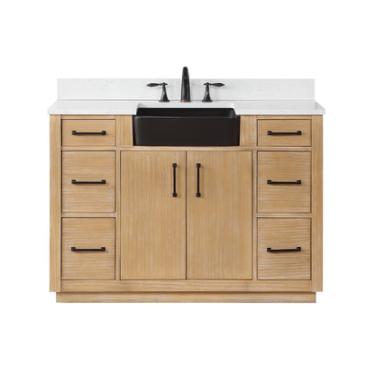 Novago 48" Single Bathroom Vanity in Weathered Pine with Aosta White Engineered Stone Countertop and Farmhouse Sink without Mirror