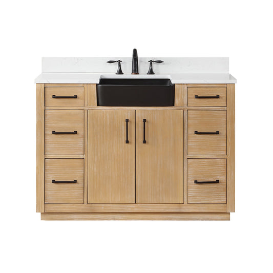 Novago 48" Single Bathroom Vanity in Weathered Pine with Aosta White Engineered Stone Countertop and Farmhouse Sink without Mirror