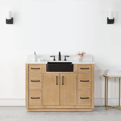 Novago 48" Single Bathroom Vanity in Weathered Pine with Aosta White Engineered Stone Countertop and Farmhouse Sink without Mirror