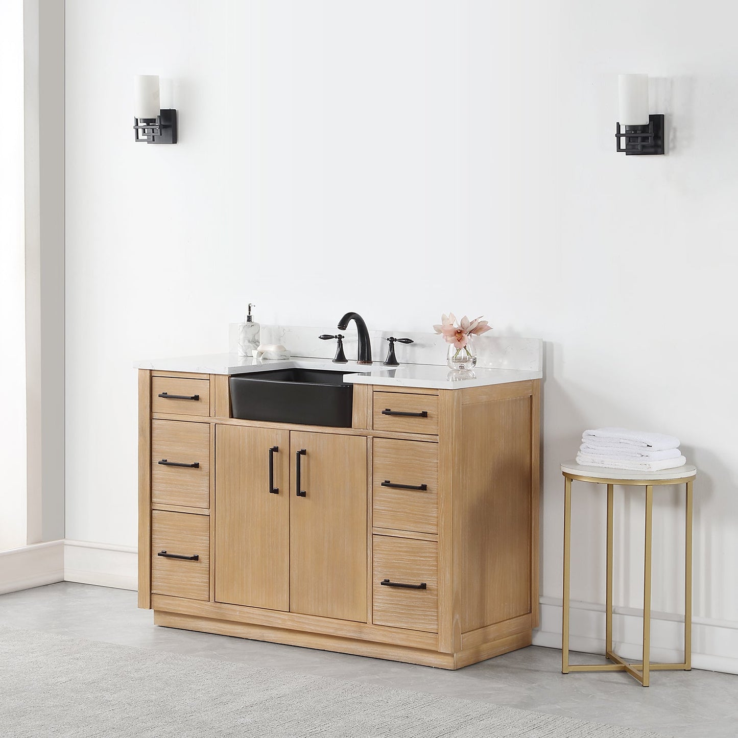 Novago 48" Single Bathroom Vanity in Weathered Pine with Aosta White Engineered Stone Countertop and Farmhouse Sink without Mirror
