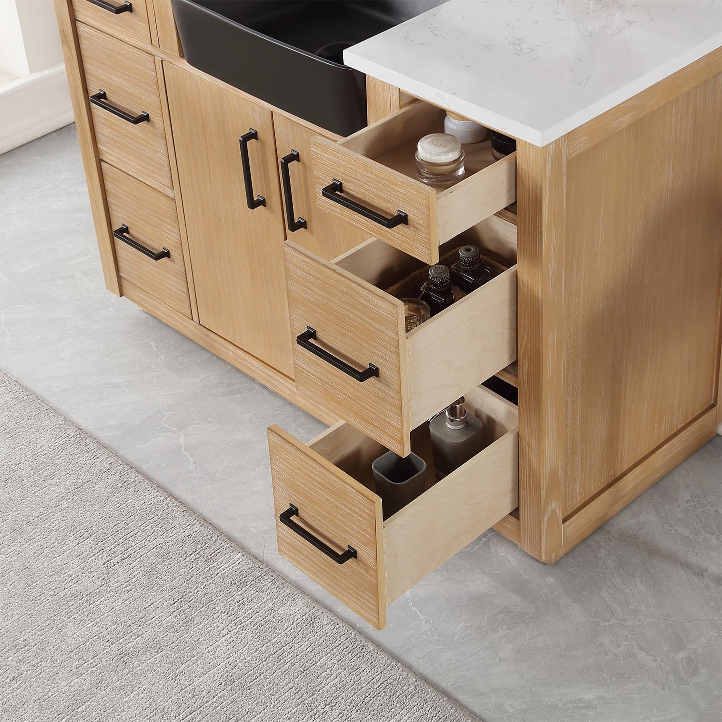 Novago 48" Single Bathroom Vanity in Weathered Pine with Aosta White Engineered Stone Countertop and Farmhouse Sink without Mirror