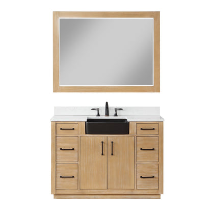 Novago 48" Single Bathroom Vanity in Weathered Pine with Aosta White Engineered Stone Countertop and Farmhouse Sink with Mirror