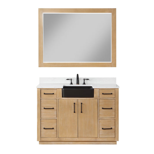 Novago 48" Single Bathroom Vanity in Weathered Pine with Aosta White Engineered Stone Countertop and Farmhouse Sink with Mirror