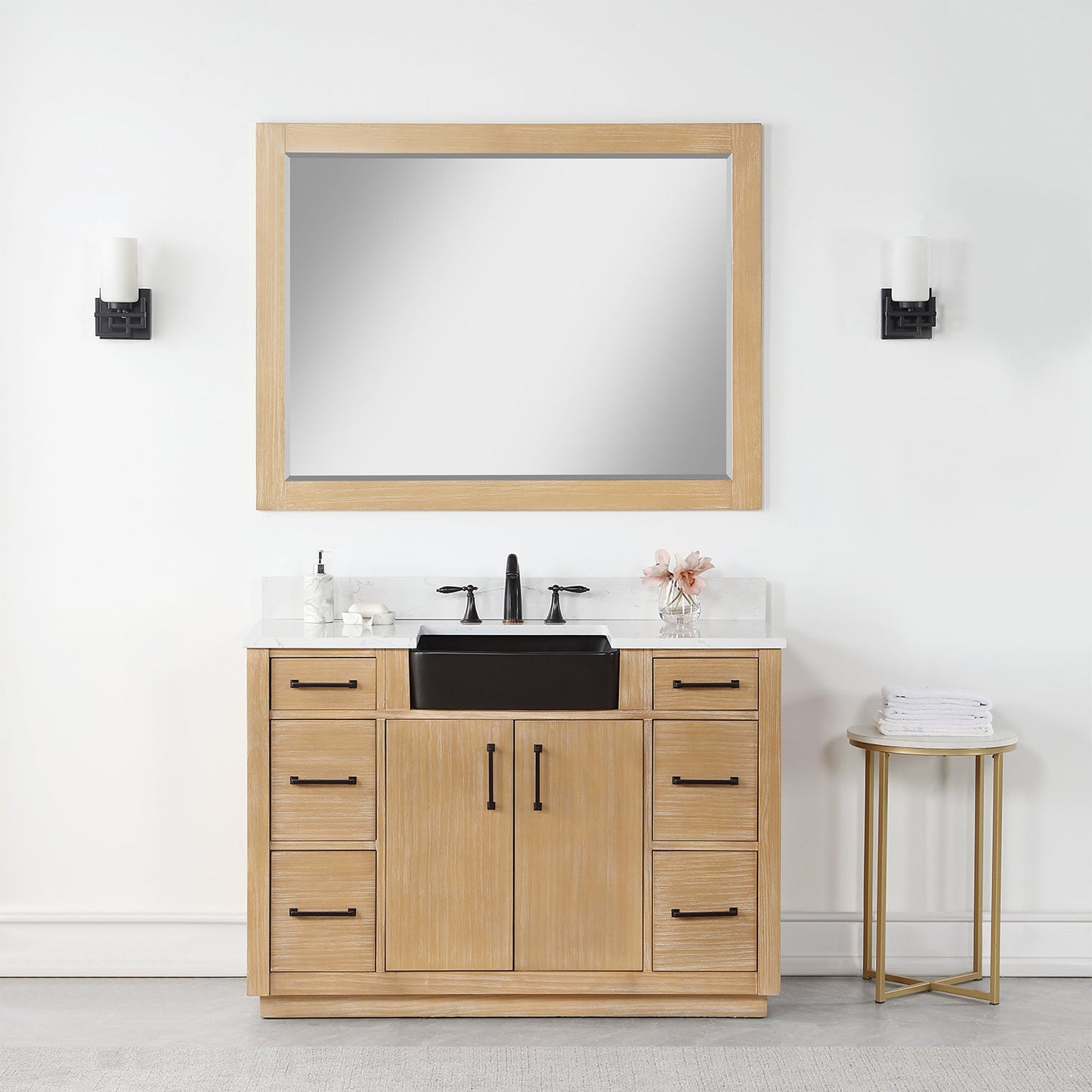 Novago 48" Single Bathroom Vanity in Weathered Pine with Aosta White Engineered Stone Countertop and Farmhouse Sink with Mirror