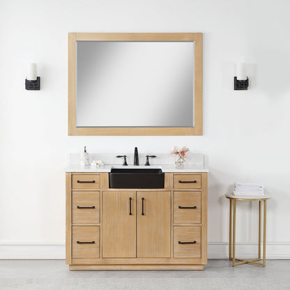 Novago 48" Single Bathroom Vanity in Weathered Pine with Aosta White Engineered Stone Countertop and Farmhouse Sink with Mirror