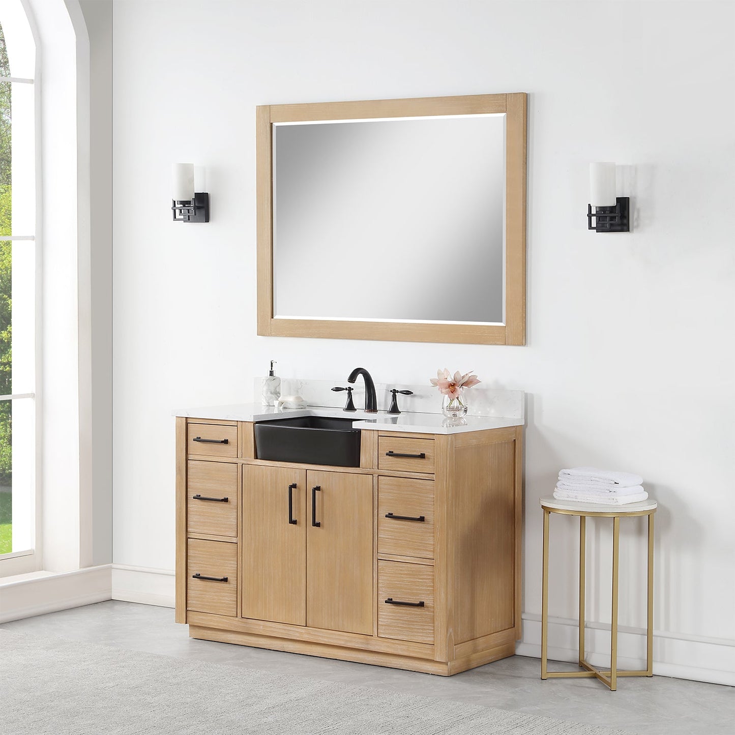 Novago 48" Single Bathroom Vanity in Weathered Pine with Aosta White Engineered Stone Countertop and Farmhouse Sink with Mirror