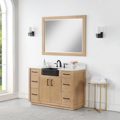 Novago 48" Single Bathroom Vanity in Weathered Pine with Aosta White Engineered Stone Countertop and Farmhouse Sink with Mirror