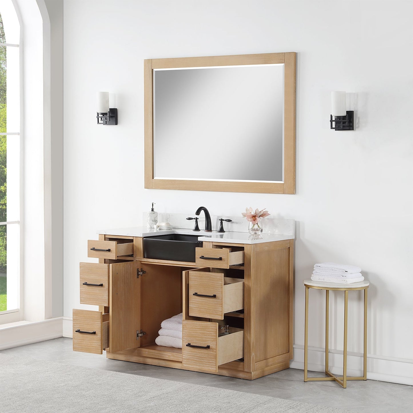 Novago 48" Single Bathroom Vanity in Weathered Pine with Aosta White Engineered Stone Countertop and Farmhouse Sink with Mirror
