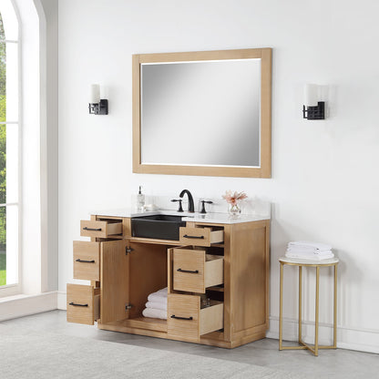 Novago 48" Single Bathroom Vanity in Weathered Pine with Aosta White Engineered Stone Countertop and Farmhouse Sink with Mirror