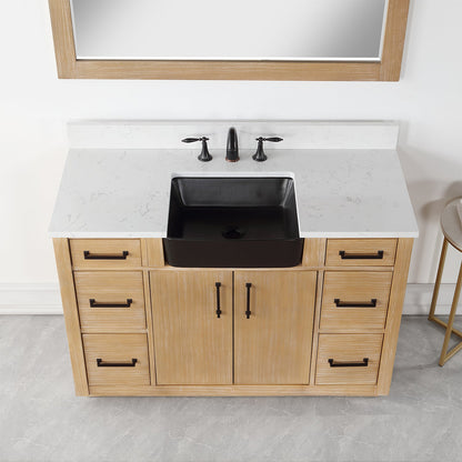 Novago 48" Single Bathroom Vanity in Weathered Pine with Aosta White Engineered Stone Countertop and Farmhouse Sink with Mirror