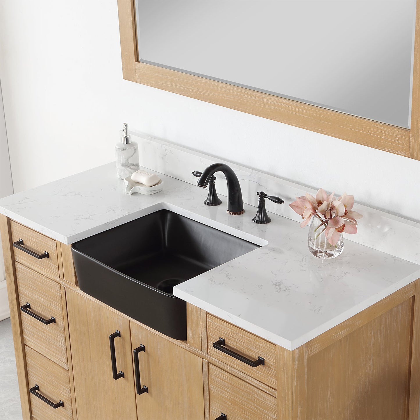 Novago 48" Single Bathroom Vanity in Weathered Pine with Aosta White Engineered Stone Countertop and Farmhouse Sink with Mirror