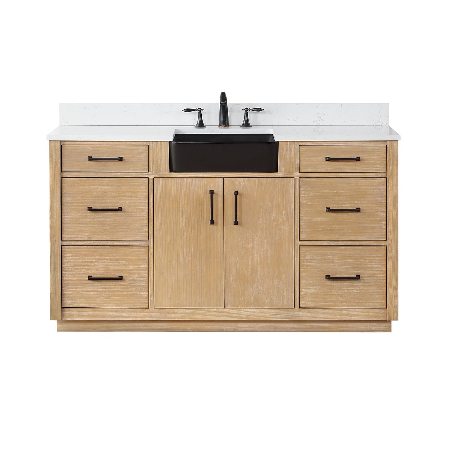Novago 60" Single Bathroom Vanity in Weathered Pine with Aosta White Engineered Stone Countertop and Farmhouse Sink without Mirror