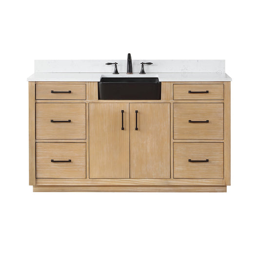 Novago 60" Single Bathroom Vanity in Weathered Pine with Aosta White Engineered Stone Countertop and Farmhouse Sink without Mirror