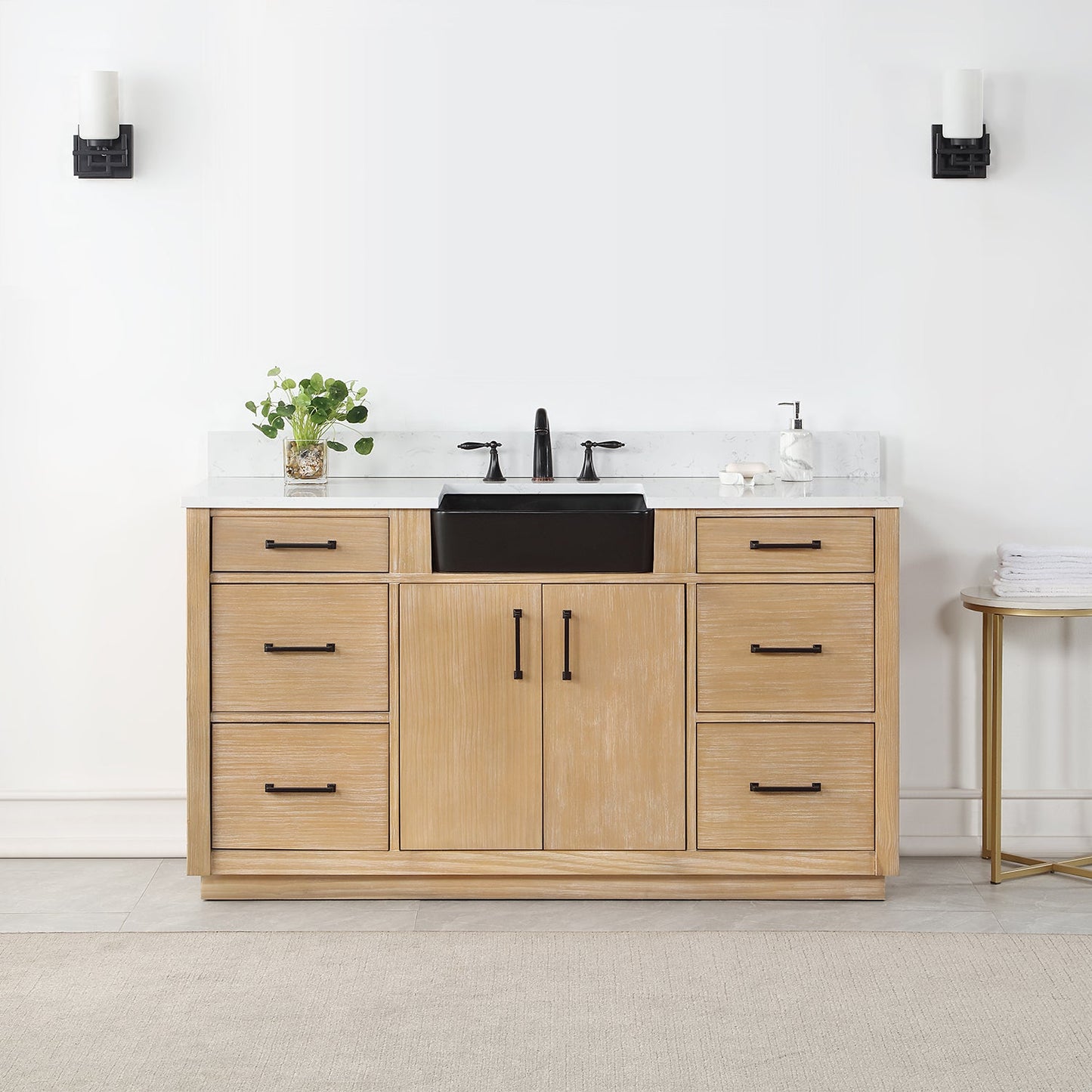 Novago 60" Single Bathroom Vanity in Weathered Pine with Aosta White Engineered Stone Countertop and Farmhouse Sink without Mirror