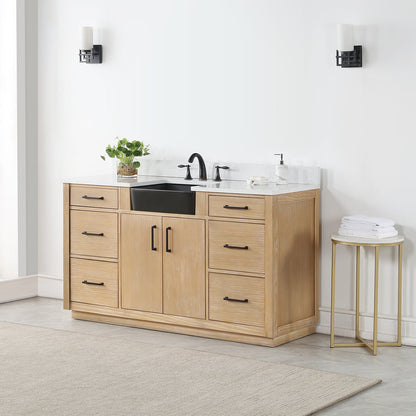 Novago 60" Single Bathroom Vanity in Weathered Pine with Aosta White Engineered Stone Countertop and Farmhouse Sink without Mirror