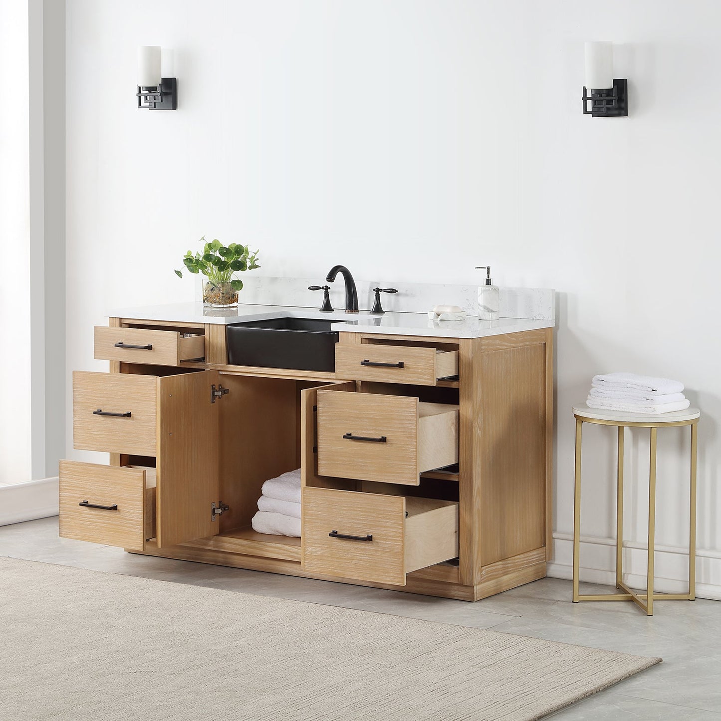 Novago 60" Single Bathroom Vanity in Weathered Pine with Aosta White Engineered Stone Countertop and Farmhouse Sink without Mirror