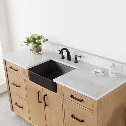 Novago 60" Single Bathroom Vanity in Weathered Pine with Aosta White Engineered Stone Countertop and Farmhouse Sink without Mirror