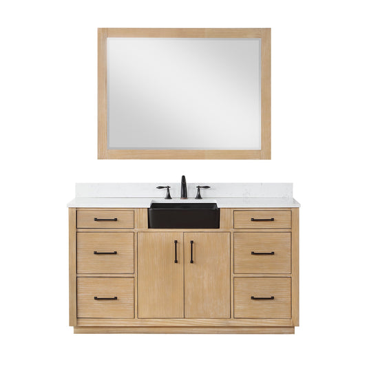 Novago 60" Single Bathroom Vanity in Weathered Pine with Aosta White Engineered Stone Countertop and Farmhouse Sink with Mirror