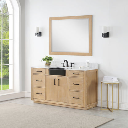 Novago 60" Single Bathroom Vanity in Weathered Pine with Aosta White Engineered Stone Countertop and Farmhouse Sink with Mirror