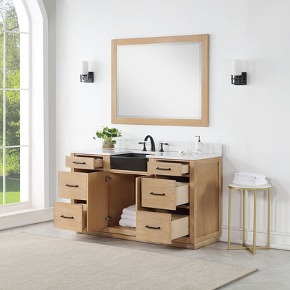 Novago 60" Single Bathroom Vanity in Weathered Pine with Aosta White Engineered Stone Countertop and Farmhouse Sink with Mirror