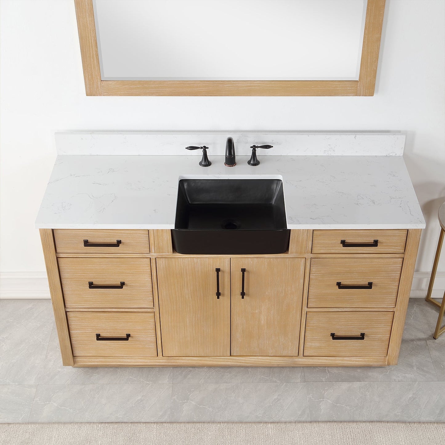 Novago 60" Single Bathroom Vanity in Weathered Pine with Aosta White Engineered Stone Countertop and Farmhouse Sink with Mirror