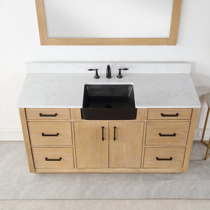 Novago 60" Single Bathroom Vanity in Weathered Pine with Aosta White Engineered Stone Countertop and Farmhouse Sink with Mirror