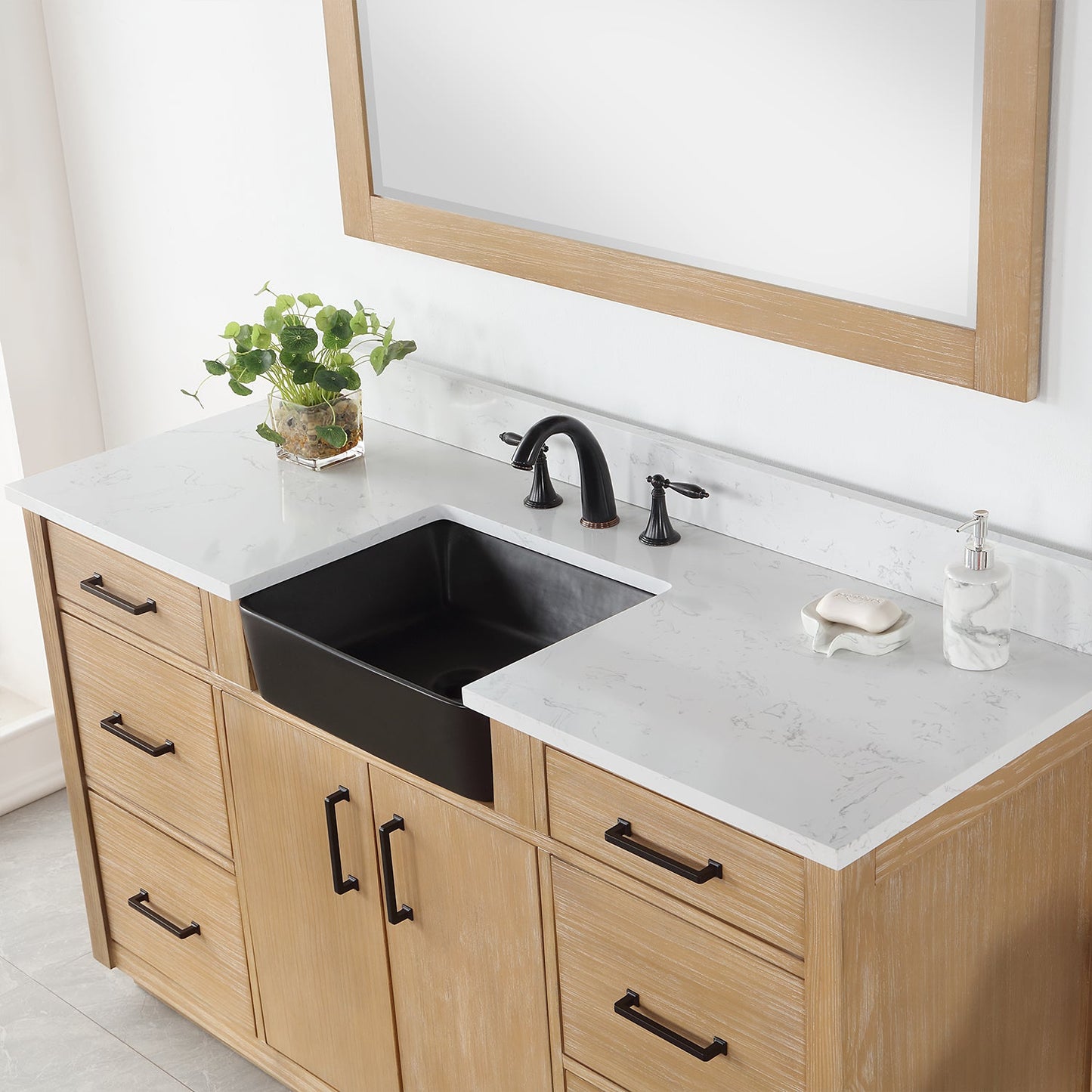 Novago 60" Single Bathroom Vanity in Weathered Pine with Aosta White Engineered Stone Countertop and Farmhouse Sink with Mirror