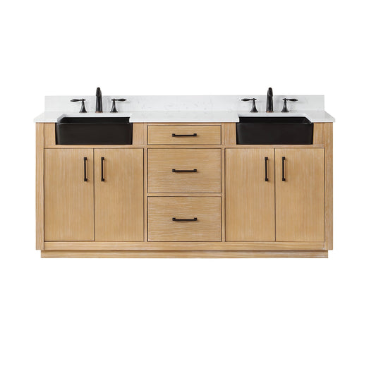 Novago 72" Double Bathroom Vanity in Weathered Pine with Aosta White Engineered Stone Countertop and Farmhouse Sink without Mirror