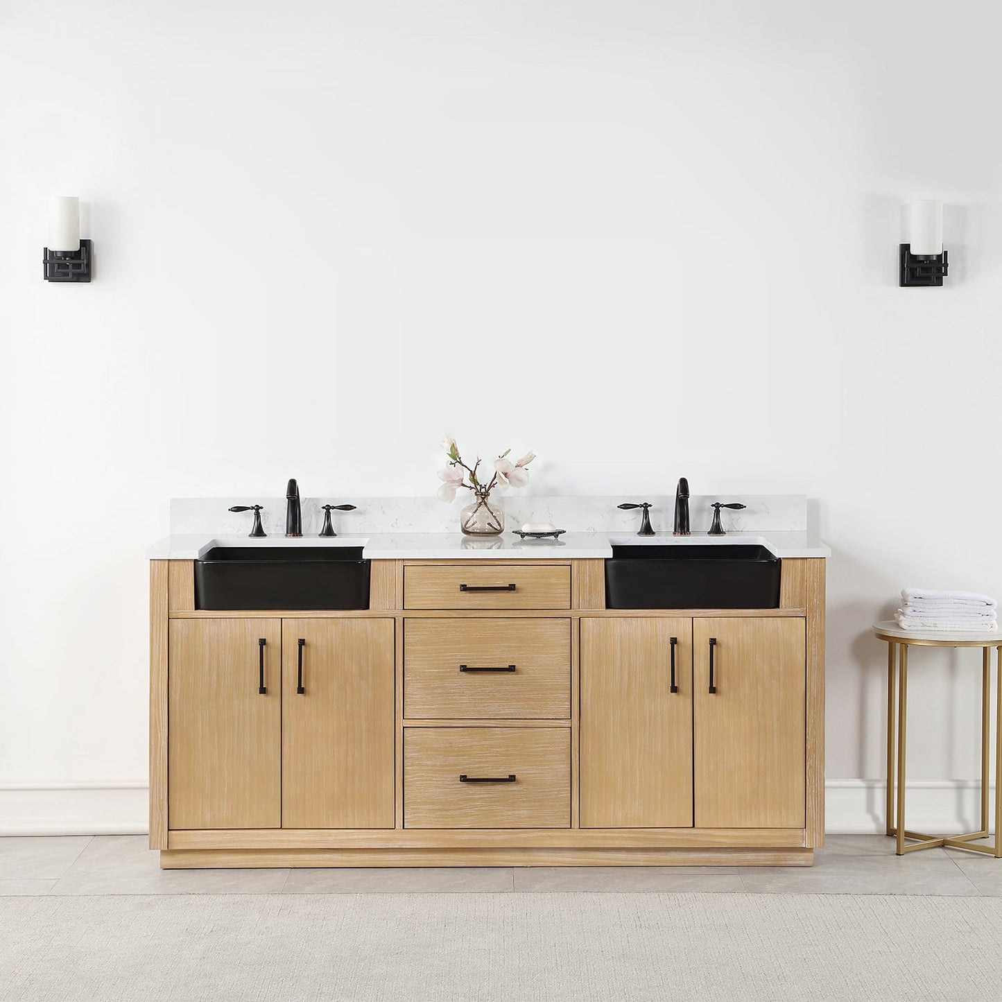 Novago 72" Double Bathroom Vanity in Weathered Pine with Aosta White Engineered Stone Countertop and Farmhouse Sink without Mirror