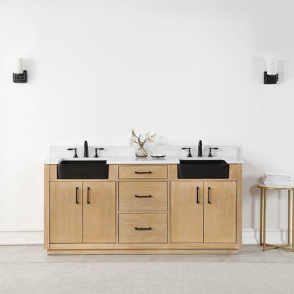 Novago 72" Double Bathroom Vanity in Weathered Pine with Aosta White Engineered Stone Countertop and Farmhouse Sink without Mirror